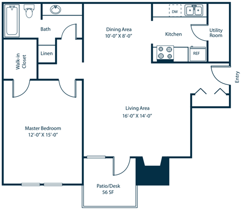 Floor plan for 1 bed, 1 bath, 860 sqft